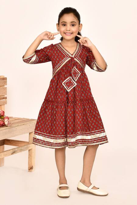 Buy_Petite Pomme_Maroon Cotton Embroidery, Gota Patti Floral Print Dress _Online_at_Aza_Fashions