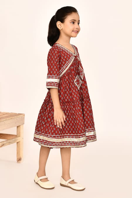 Shop_Petite Pomme_Maroon Cotton Embroidery, Gota Patti Floral Print Dress _Online_at_Aza_Fashions