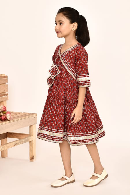Petite Pomme_Maroon Cotton Embroidery, Gota Patti Floral Print Dress _at_Aza_Fashions