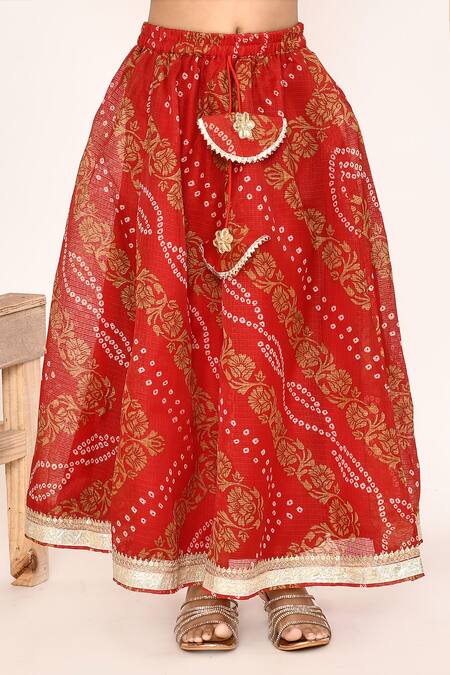 Petite Pomme_Red Polyester, Net Lace, Embroidery Bandhani Print Lehenga Set _Online_at_Aza_Fashions