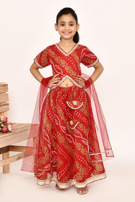 Buy_Petite Pomme_Red Polyester, Net Lace, Embroidery Bandhani Print Lehenga Set _Online_at_Aza_Fashions