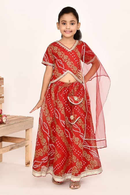Shop_Petite Pomme_Red Polyester, Net Lace, Embroidery Bandhani Print Lehenga Set _Online_at_Aza_Fashions