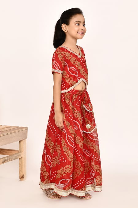 Petite Pomme_Red Polyester, Net Lace, Embroidery Bandhani Print Lehenga Set _at_Aza_Fashions