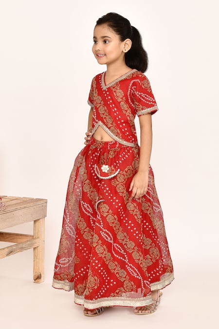 Buy_Petite Pomme_Red Polyester, Net Lace, Embroidery Bandhani Print Lehenga Set 