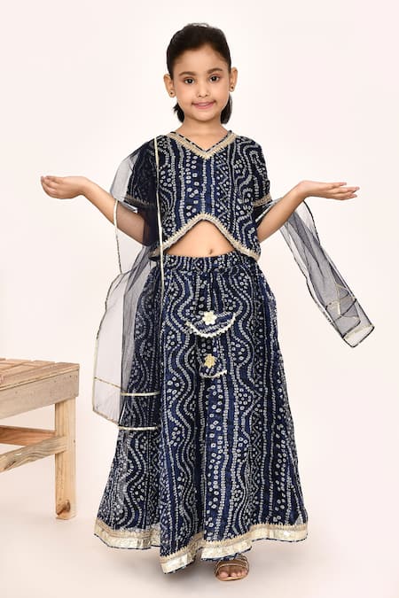 Buy_Petite Pomme_Blue Polyester, Net Tassels, Lace Bandhani Print Lehenga Blouse Set _Online_at_Aza_Fashions