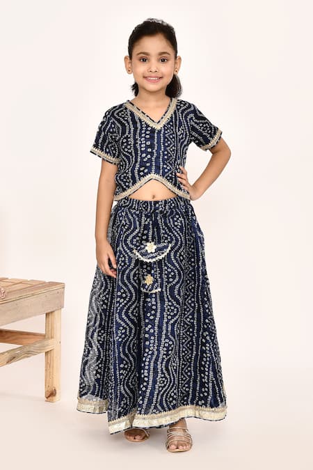 Shop_Petite Pomme_Blue Polyester, Net Tassels, Lace Bandhani Print Lehenga Blouse Set _Online_at_Aza_Fashions