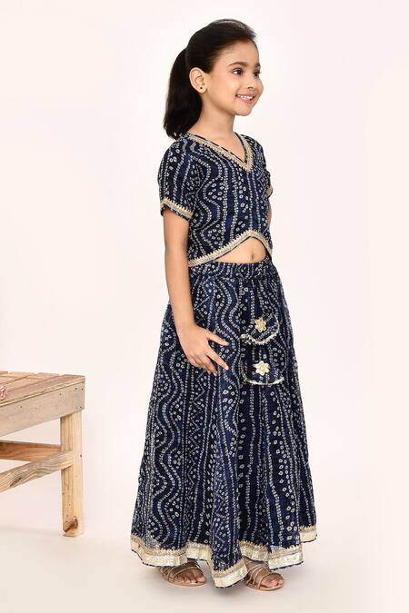 Petite Pomme_Blue Polyester, Net Tassels, Lace Bandhani Print Lehenga Blouse Set _at_Aza_Fashions