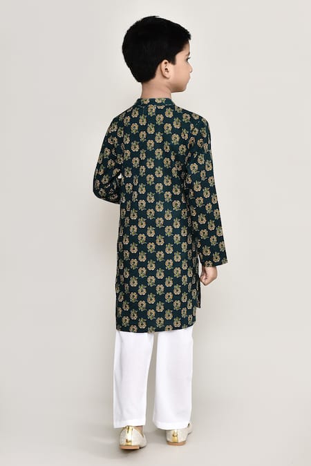 Shop_Petite Pomme_Green Cotton Floral Print Long Kurta _at_Aza_Fashions
