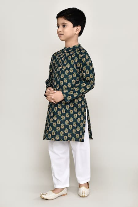Shop_Petite Pomme_Green Cotton Floral Print Long Kurta _Online_at_Aza_Fashions