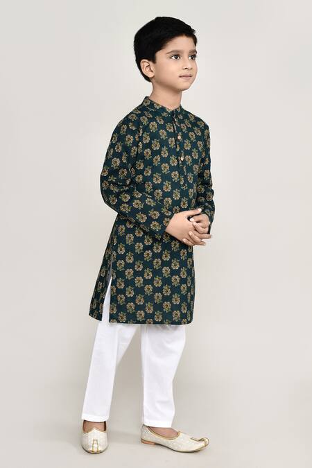 Petite Pomme_Green Cotton Floral Print Long Kurta _at_Aza_Fashions