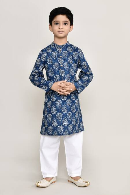 Buy_Petite Pomme_Blue Cotton Floral Print Long Kurta With Pant _Online_at_Aza_Fashions