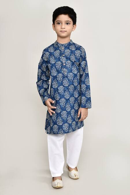 Shop_Petite Pomme_Blue Cotton Floral Print Long Kurta With Pant _Online_at_Aza_Fashions