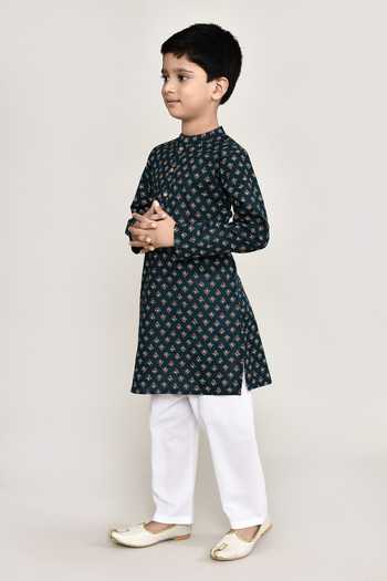 Petite Pomme_Blue Cotton Buta Print Kurta With Pant _at_Aza_Fashions