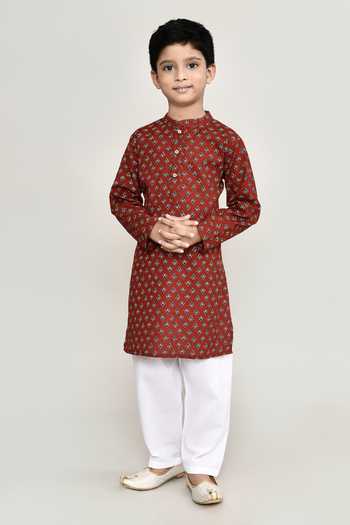 Buy_Petite Pomme_Brown Cotton Buta Print Kurta With Pant _Online_at_Aza_Fashions