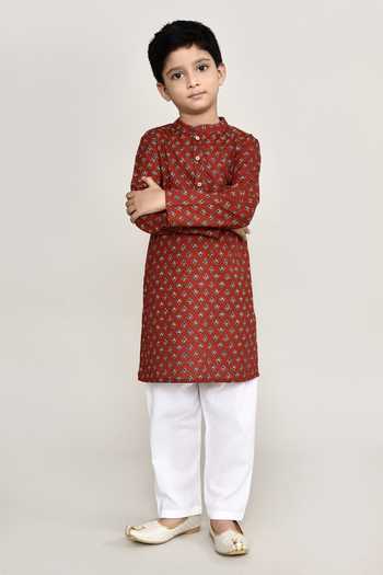 Shop_Petite Pomme_Brown Cotton Buta Print Kurta With Pant _Online_at_Aza_Fashions