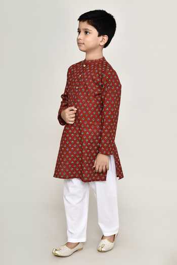 Petite Pomme_Brown Cotton Buta Print Kurta With Pant _at_Aza_Fashions