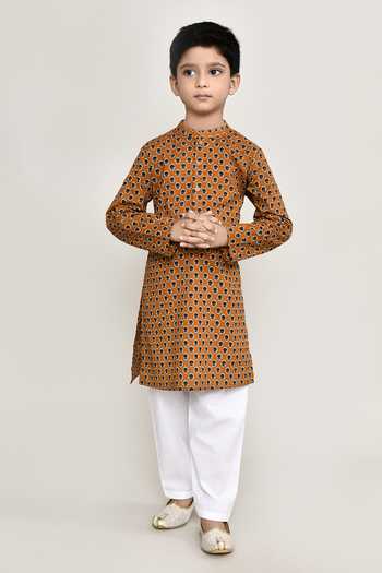 Shop_Petite Pomme_Yellow Cotton Floral Buta Print Kurta With Pant _Online_at_Aza_Fashions