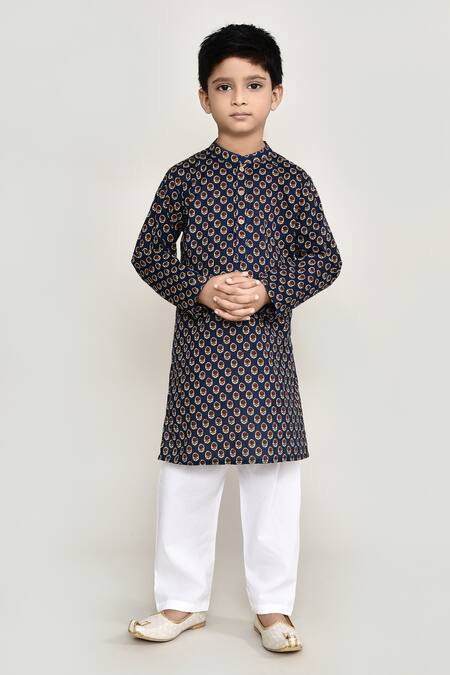 Buy_Petite Pomme_Blue Cotton Embroidery Floral Buta Print Kurta And Pant Set _Online_at_Aza_Fashions