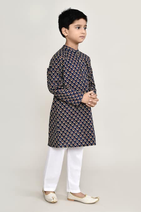 Petite Pomme_Blue Cotton Embroidery Floral Buta Print Kurta And Pant Set _at_Aza_Fashions