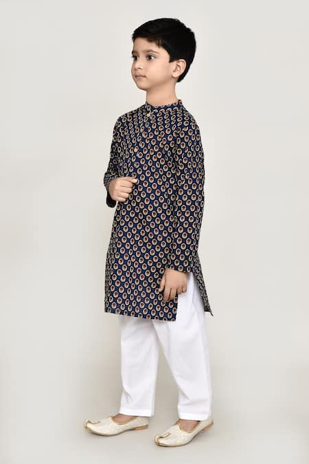 Buy_Petite Pomme_Blue Cotton Embroidery Floral Buta Print Kurta And Pant Set 