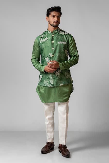 Paarsh Green Nehru Jacket Organza Hand Embroidered Floral Sage Print Kurta Set With 