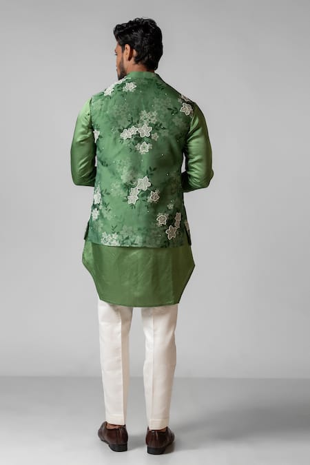 Shop_PAARSH_Green Linen, Satin, Organza, Floral Sage Print Kurta Set With Nehru Jacket _at_Aza_Fashions