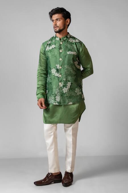 Buy_PAARSH_Green Linen, Satin, Organza, Floral Sage Print Kurta Set With Nehru Jacket _Online_at_Aza_Fashions