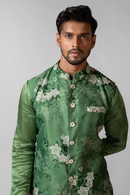Shop_PAARSH_Green Linen, Satin, Organza, Floral Sage Print Kurta Set With Nehru Jacket _Online_at_Aza_Fashions