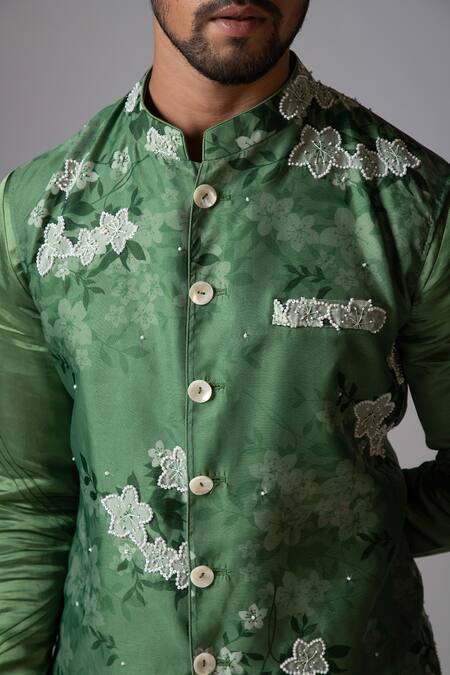 PAARSH_Green Linen, Satin, Organza, Floral Sage Print Kurta Set With Nehru Jacket _at_Aza_Fashions