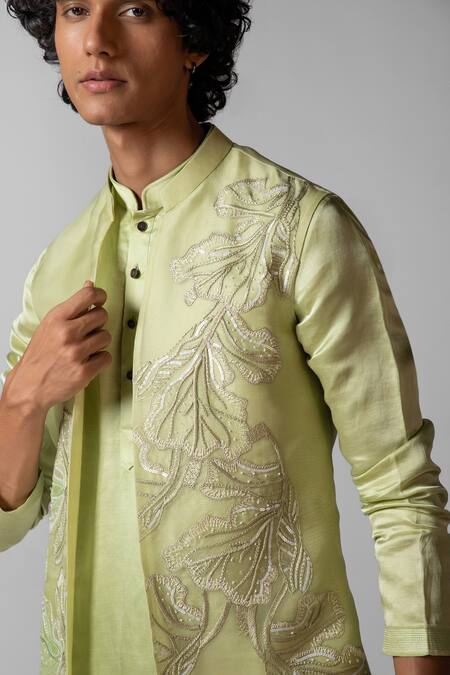 Buy PAARSH Green Linen, Satin, Organza, Cotton Embroidery Hand Kurta Set With Nehru Jacket Online at Aza Fashions Buy_PAARSH_Green Linen, Satin, Organza, Cotton Embroidery Hand Kurta Set With Nehru Jacket _Online_at_Aza_Fashions