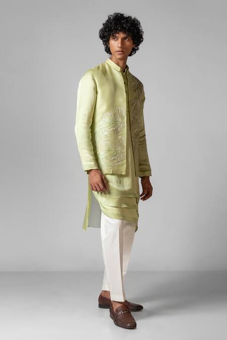 Shop PAARSH Green Linen, Satin, Organza, Cotton Embroidery Hand Kurta Set With Nehru Jacket Online at Aza Fashions Shop_PAARSH_Green Linen, Satin, Organza, Cotton Embroidery Hand Kurta Set With Nehru Jacket _Online_at_Aza_Fashions