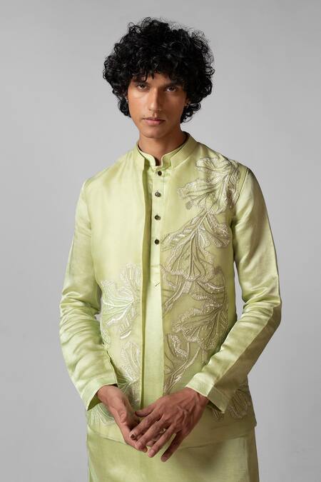 PAARSH Green Linen, Satin, Organza, Cotton Embroidery Hand Kurta Set With Nehru Jacket at Aza Fashions PAARSH_Green Linen, Satin, Organza, Cotton Embroidery Hand Kurta Set With Nehru Jacket _at_Aza_Fashions