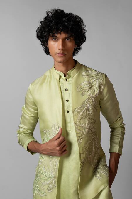 Buy PAARSH Green Linen, Satin, Organza, Cotton Embroidery Hand Kurta Set With Nehru Jacket Buy_PAARSH_Green Linen, Satin, Organza, Cotton Embroidery Hand Kurta Set With Nehru Jacket