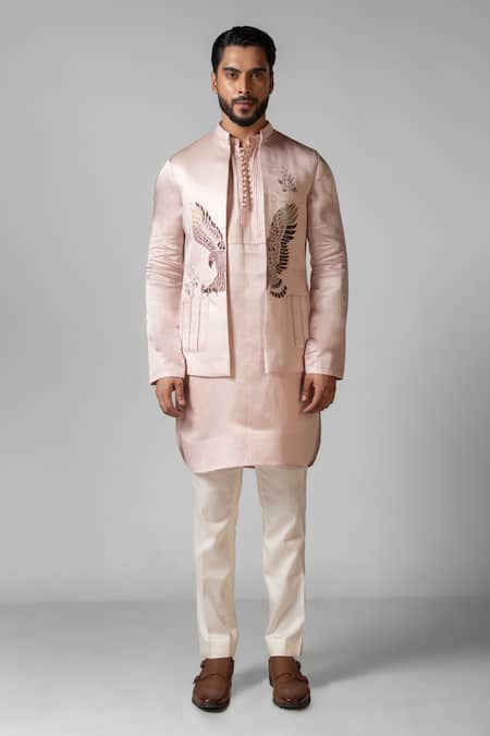 Buy PAARSH Pink Linen, Satin, Cotton Embroidery Hand Kurta Set With Nehru Jacket Online at Aza Fashions Buy_PAARSH_Pink Linen, Satin, Cotton Embroidery Hand Kurta Set With Nehru Jacket _Online_at_Aza_Fashions