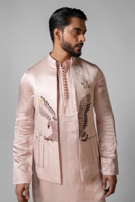 Shop PAARSH Pink Linen, Satin, Cotton Embroidery Hand Kurta Set With Nehru Jacket Online at Aza Fashions Shop_PAARSH_Pink Linen, Satin, Cotton Embroidery Hand Kurta Set With Nehru Jacket _Online_at_Aza_Fashions