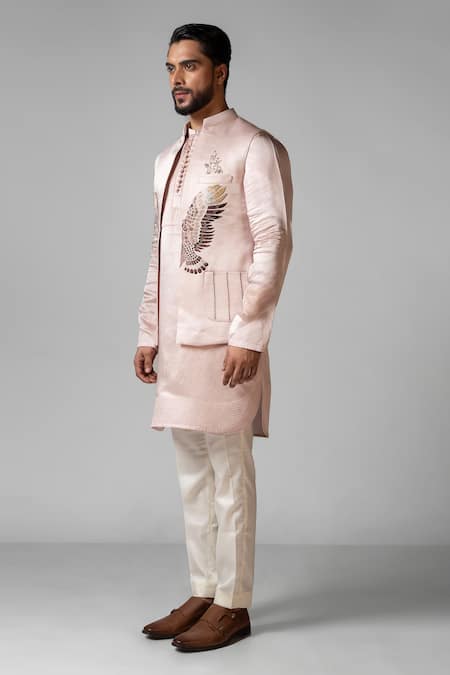 PAARSH Pink Linen, Satin, Cotton Embroidery Hand Kurta Set With Nehru Jacket at Aza Fashions PAARSH_Pink Linen, Satin, Cotton Embroidery Hand Kurta Set With Nehru Jacket _at_Aza_Fashions