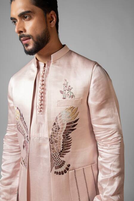 Buy PAARSH Pink Linen, Satin, Cotton Embroidery Hand Kurta Set With Nehru Jacket Buy_PAARSH_Pink Linen, Satin, Cotton Embroidery Hand Kurta Set With Nehru Jacket