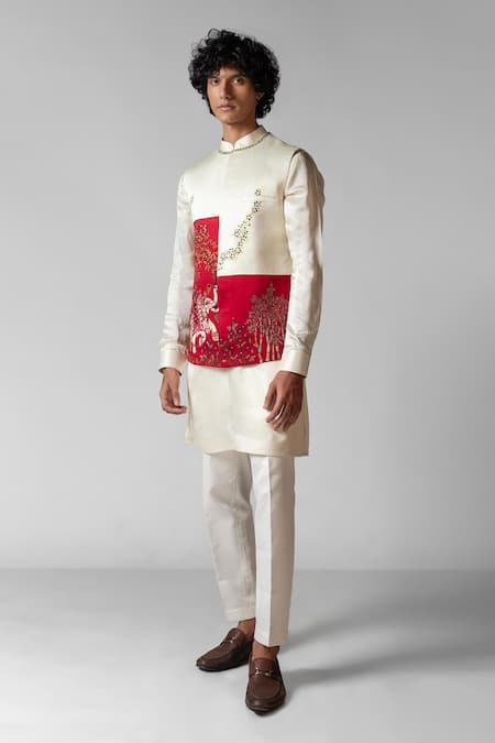 Paarsh Red Nehru And Kurta Linen Satin Hand Embroidered Elephant Set With Jacket 