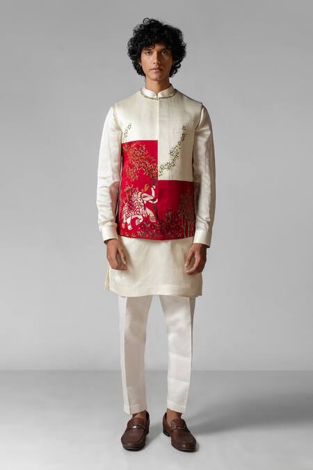 PAARSH Red Linen, Satin, Cotton Elephant Warrior Hand Kurta Set With Nehru Jacket Online at Aza Fashions PAARSH_Red Linen, Satin, Cotton Elephant Warrior Hand Kurta Set With Nehru Jacket _Online_at_Aza_Fashions