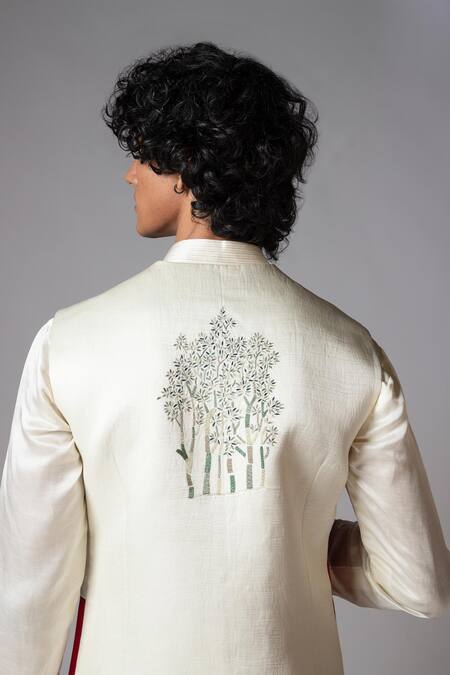 PAARSH Red Linen, Satin, Cotton Elephant Warrior Hand Kurta Set With Nehru Jacket at Aza Fashions PAARSH_Red Linen, Satin, Cotton Elephant Warrior Hand Kurta Set With Nehru Jacket _at_Aza_Fashions