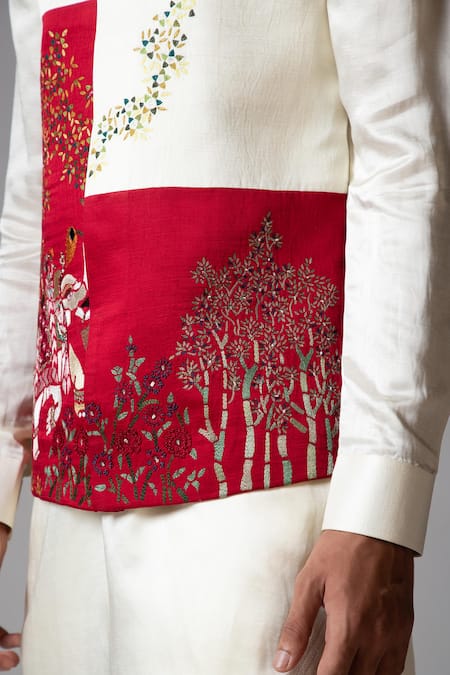 Shop PAARSH Red Linen, Satin, Cotton Elephant Warrior Hand Kurta Set With Nehru Jacket Shop_PAARSH_Red Linen, Satin, Cotton Elephant Warrior Hand Kurta Set With Nehru Jacket