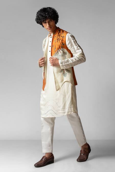 PAARSH Orange Linen, Satin, Cotton, Organza Hand Kurta Set With Nehru Jacket at Aza Fashions PAARSH_Orange Linen, Satin, Cotton, Organza Hand Kurta Set With Nehru Jacket _at_Aza_Fashions