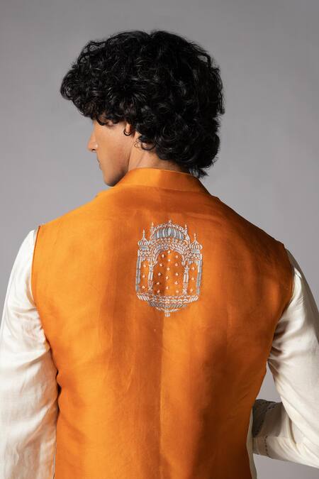 Buy PAARSH Orange Linen, Satin, Cotton, Organza Hand Kurta Set With Nehru Jacket Buy_PAARSH_Orange Linen, Satin, Cotton, Organza Hand Kurta Set With Nehru Jacket