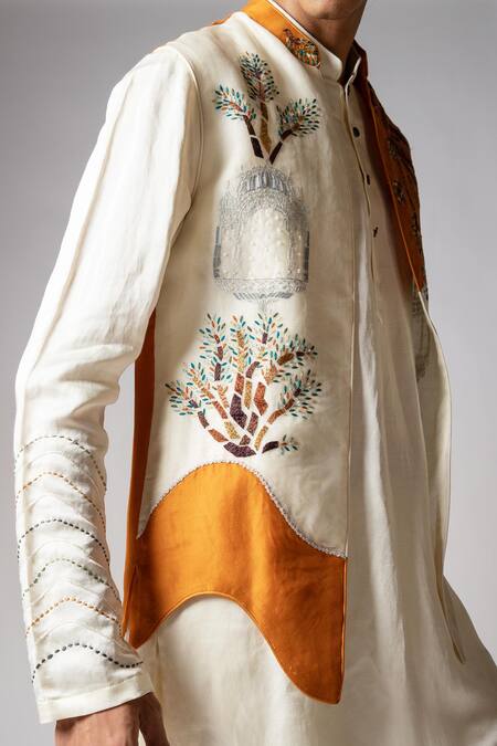 Shop PAARSH Orange Linen, Satin, Cotton, Organza Hand Kurta Set With Nehru Jacket Shop_PAARSH_Orange Linen, Satin, Cotton, Organza Hand Kurta Set With Nehru Jacket