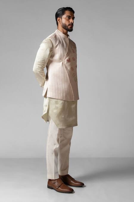 Buy PAARSH Ivory Linen, Satin, Cotton, Organza Cut Work, Hand Kurta Set And Nehru Jacket Buy_PAARSH_Ivory Linen, Satin, Cotton, Organza Cut Work, Hand Kurta Set And Nehru Jacket