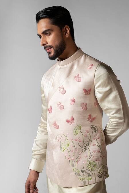 Shop PAARSH Ivory Linen, Satin, Cotton, Organza Cut Work, Hand Kurta Set And Nehru Jacket Shop_PAARSH_Ivory Linen, Satin, Cotton, Organza Cut Work, Hand Kurta Set And Nehru Jacket