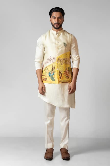 Paarsh Yellow Nehru Jacket Organza Hand Embroidered Radha Krishna Kurta Set With 