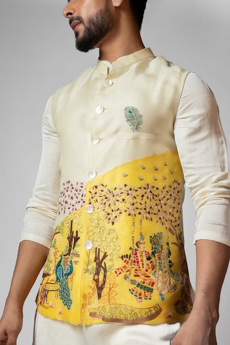 Buy_PAARSH_Yellow Linen, Satin, Cotton, Radha Krishna Hand Kurta Set With Nehru Jacket _Online_at_Aza_Fashions