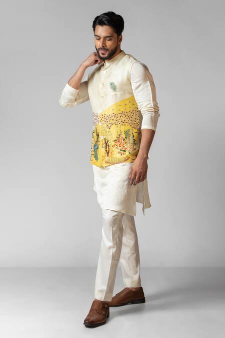 Shop_PAARSH_Yellow Linen, Satin, Cotton, Radha Krishna Hand Kurta Set With Nehru Jacket _Online_at_Aza_Fashions