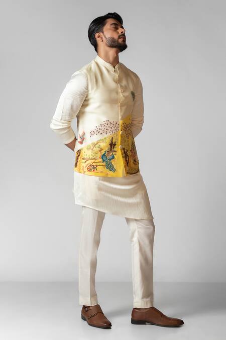 PAARSH_Yellow Linen, Satin, Cotton, Radha Krishna Hand Kurta Set With Nehru Jacket _at_Aza_Fashions